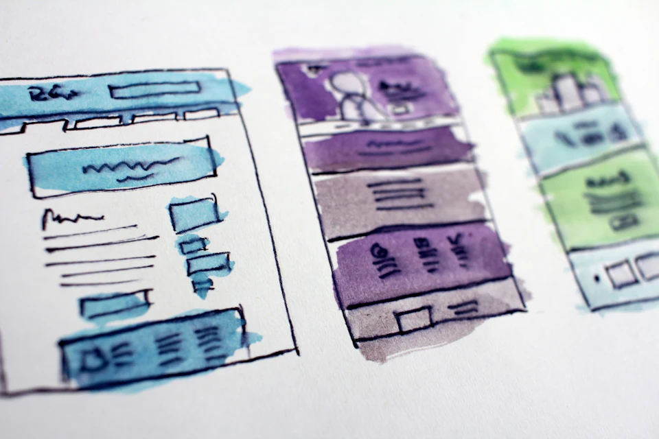 Esboços em aguarela de wireframes de páginas web
